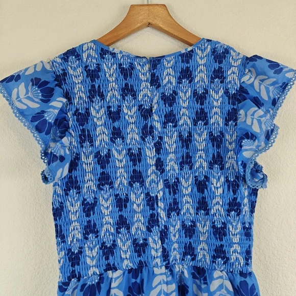J. Marie Nwot The Luna Ruched Midi Floral Blue Dress Ruffle Sleeves Sz Medium - Picture 16 of 16